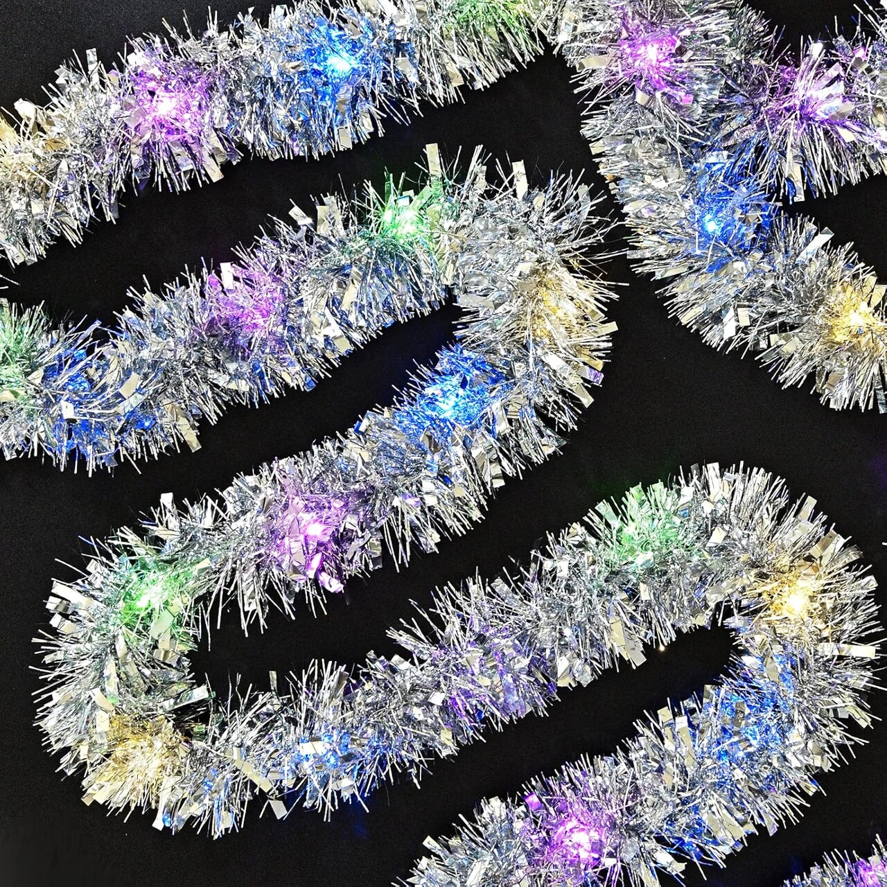 33FT Prelit Christmas Tinsel Garland Silver Metallic Twist Tinsel Garland with LED Lights Battery Operated Hanging Garland Decoration for Christmas Tree Stairs Mantle Decoration